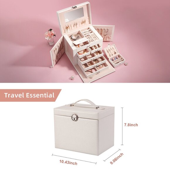 PU Leather Large Multi-Compartment Lockable Jewelry Box Mirror Drawers Side Door - Picture 5 of 9